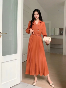 RM23759#新款高级感西装连衣裙女长袖褶皱气质假两件百褶裙