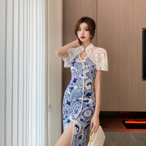 RM24787#新款青花瓷改良旗袍修身气质淑女性感开叉礼服连衣裙