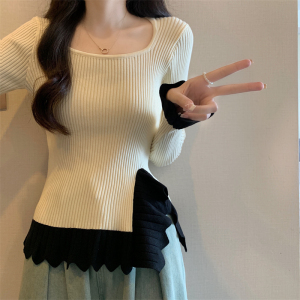RM23496#新款设计感拼色长袖针织衫女韩版叠穿开叉显瘦百搭上衣女