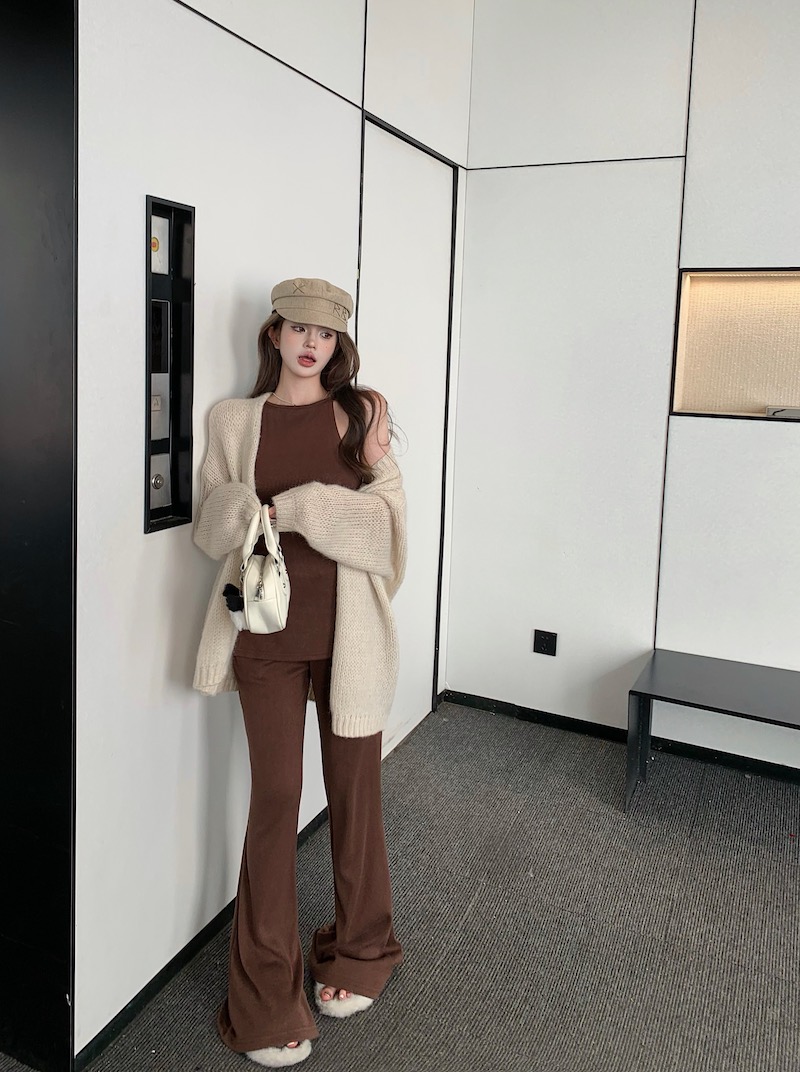 Actual shot of loose soft waxy knitted sweater cardigan jacket + bottoming vest high waist versatile floor-length wide-leg pants