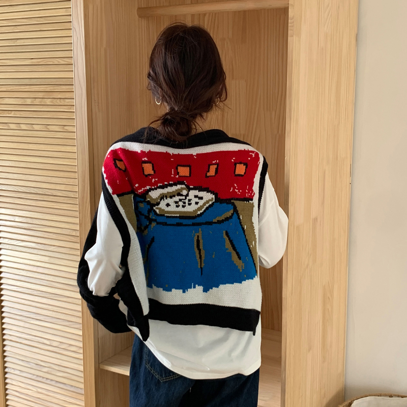 Korean chic fashion graffiti jacquard shawl two-wear sleeve sweater soft waxy vest top for women