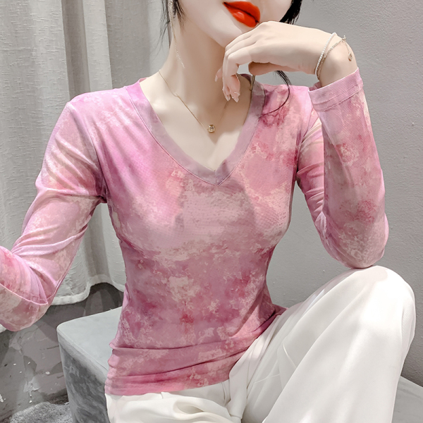 RM23851#时尚纱网印花长袖V领T恤修身显瘦打底衫上衣潮