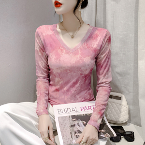 RM23851#时尚纱网印花长袖V领T恤修身显瘦打底衫上衣潮