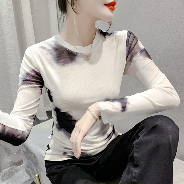 RM23850#时尚纱网印花长袖圆领T恤修身显瘦打底衫上衣潮