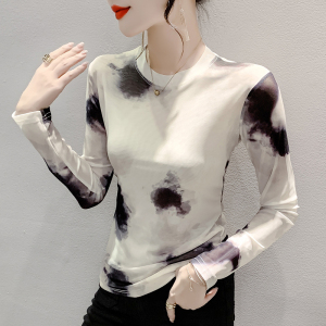RM23850#时尚纱网印花长袖圆领T恤修身显瘦打底衫上衣潮