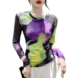 RM23849#时尚纱网印花定位花长袖圆领T恤修身显瘦洋气上衣潮