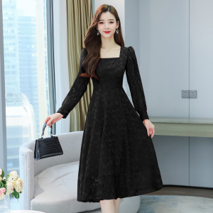 RM24748#大码方领雪纺新款女装黑色长袖碎花连衣裙子法式垂坠高级感