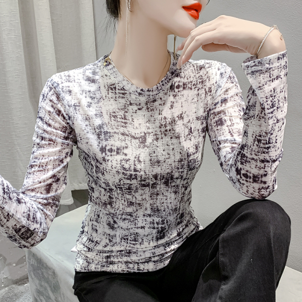 RM23848#时尚纱网印花长袖圆领T恤修身显瘦打底衫上衣潮