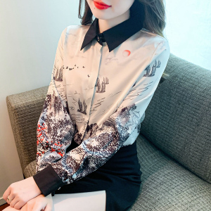 RM24101# 主题水墨印花真丝长袖衬衫拼色设计感上衣女