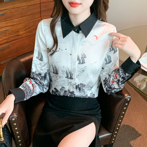 RM24101# 主题水墨印花真丝长袖衬衫拼色设计感上衣女