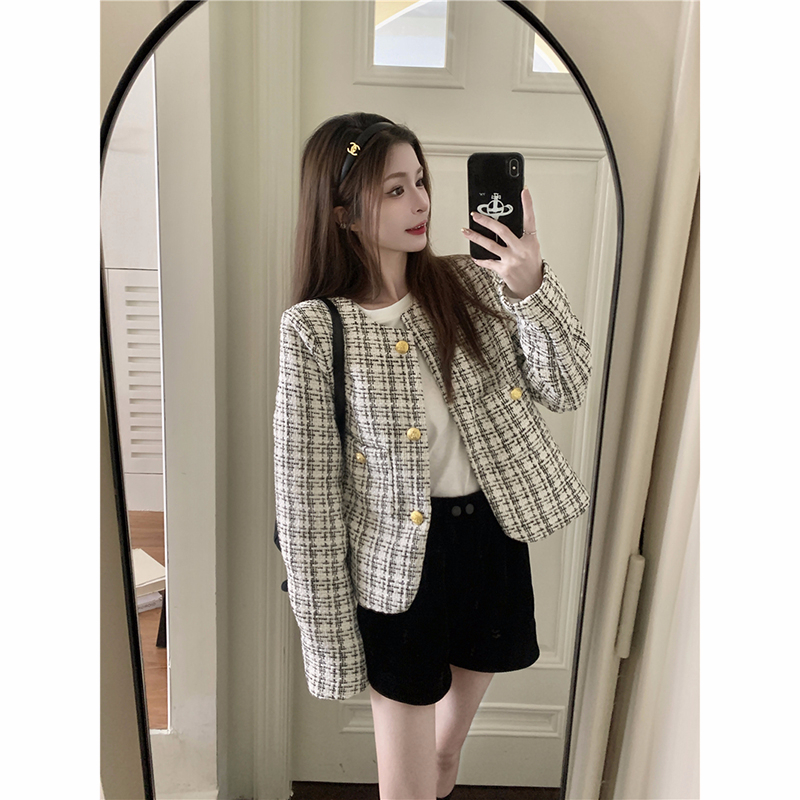 Xiaoxiangfeng jacket women's autumn  new retro plaid loose celebrity style high-end fashion long-sleeved top