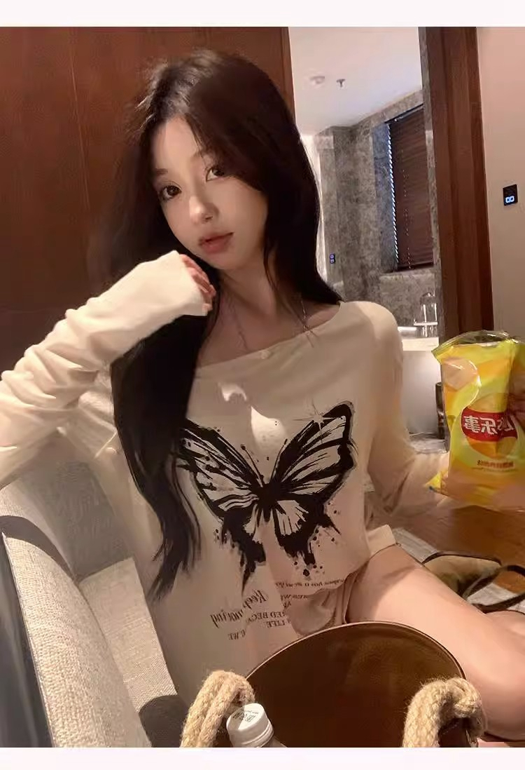 Official Photo Early Autumn New Pure Desire Bottoming Shirt Loose Slim Round Neck Irregular Butterfly Pattern Long Sleeves