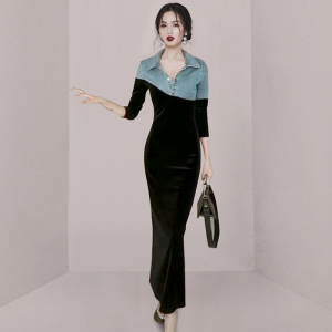 RM25015#新款韩版翻领牛仔拼接修身时尚设计感长袖连衣裙