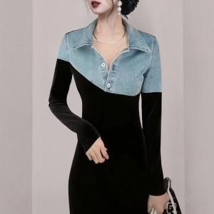 RM25015#新款韩版翻领牛仔拼接修身时尚设计感长袖连衣裙