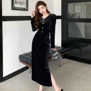RM25478#小香风方领设计感丝绒长袖短款开衫半身裙套装