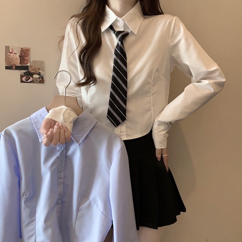 实拍 2024春装长袖衬衫女学院风减龄衬衣新款韩版宽松短款上衣