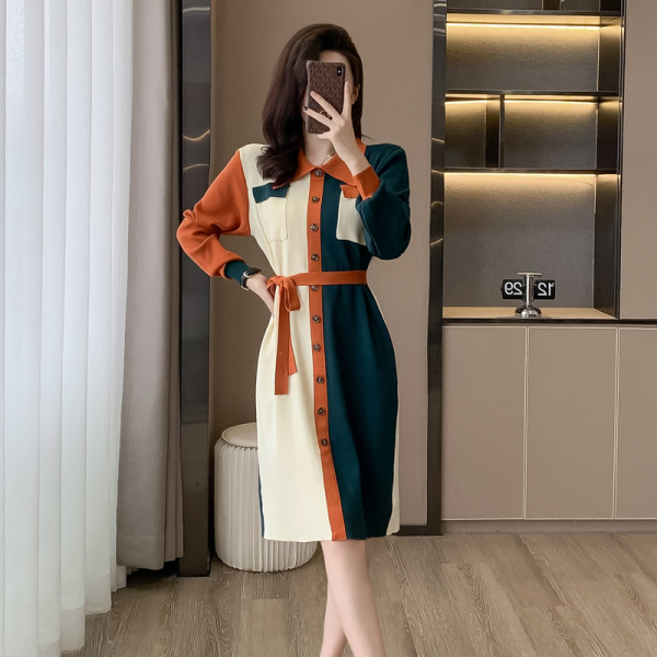 RM24665#新款轻奢高端女装撞色针织连衣裙长袖超修身中长裙单排扣