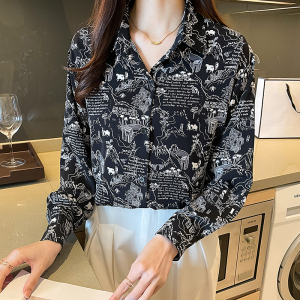 RM23218#秋季新款法式设计感复古港味印花长袖百搭显瘦衬衫
