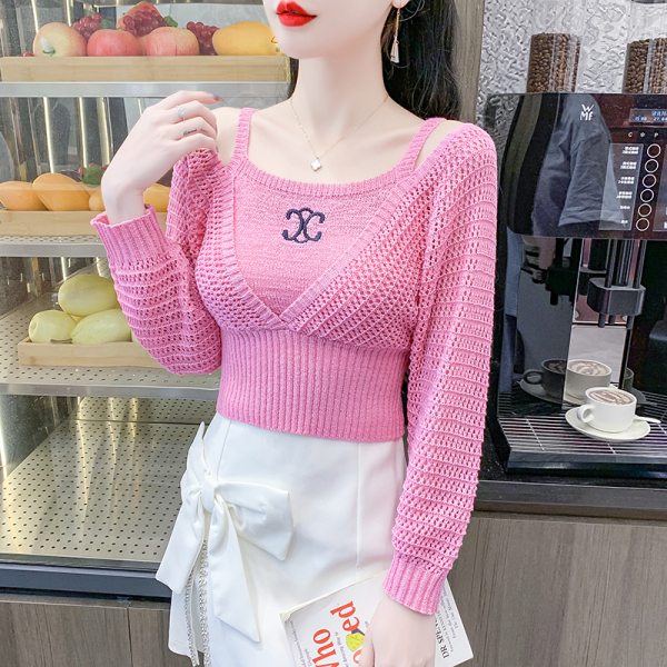 RM23334#长袖镂空针织衫假两件甜美秋季女装新款毛衣休闲修身