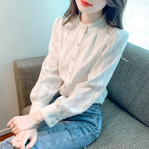 RM25138#新款韩版蕾丝衫立领泡泡袖上衣气质显瘦女小衫