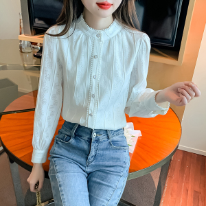 RM25138#新款韩版蕾丝衫立领泡泡袖上衣气质显瘦女小衫