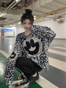 TR54663# 欧洲站秋冬新款字母笑脸豹纹复古胖mm宽松大版长袖卫衣女上衣 服装批发服饰货源女装批发