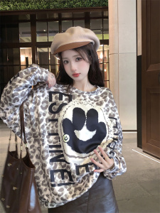 TR54663# 欧洲站秋冬新款字母笑脸豹纹复古胖mm宽松大版长袖卫衣女上衣 服装批发服饰货源女装批发