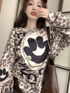 TR54663# 欧洲站秋冬新款字母笑脸豹纹复古胖mm宽松大版长袖卫衣女上衣 服装批发服饰货源女装批发