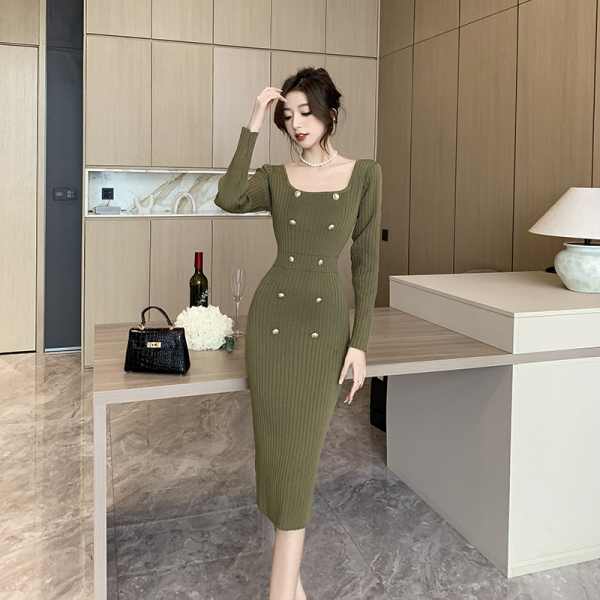 RM24227#港风复古绿双排扣针织连衣裙性感方领包臀裙