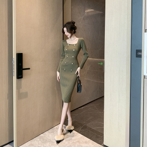 RM24227#港风复古绿双排扣针织连衣裙性感方领包臀裙