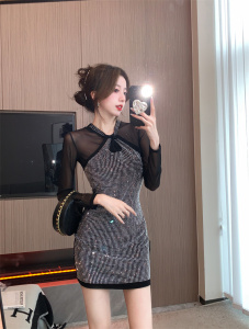 RM24980#性感网纱烫钻挂脖 假两件连衣裙短裙打底包臀裙