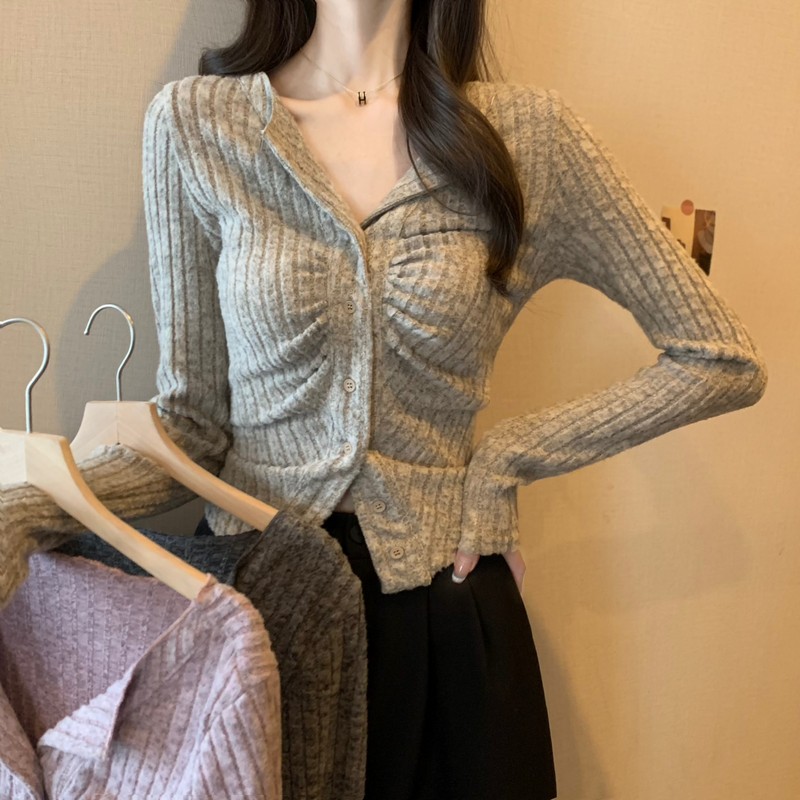 Pleated pure lust style irregular lapel long-sleeved sweater for women autumn inner waist slimming bottoming short top