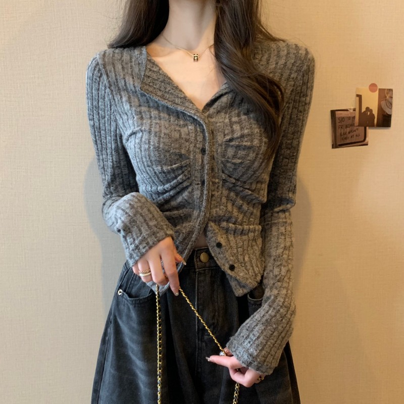 Pleated pure lust style irregular lapel long-sleeved sweater for women autumn inner waist slimming bottoming short top