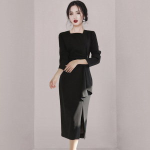 RM23528#新款韩版气质中长款抽褶收腰开叉时尚修身职业连衣裙