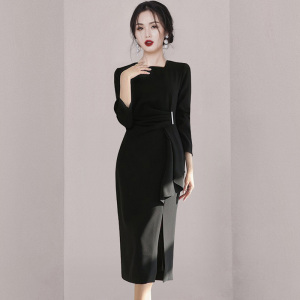 RM23528#新款韩版气质中长款抽褶收腰开叉时尚修身职业连衣裙