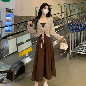 RM24815#韩式甜美抽绳褶皱设计感美拉德上衣＋系脖式收腰修身显瘦套装