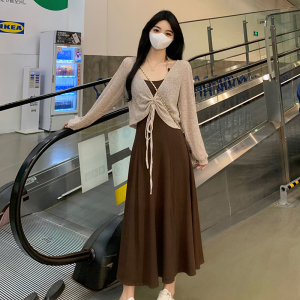 RM24815#韩式甜美抽绳褶皱设计感美拉德上衣＋系脖式收腰修身显瘦套装