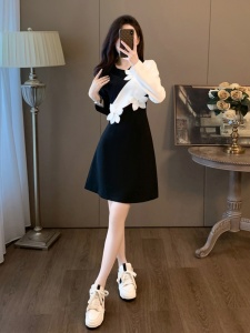 RM23438#小个子黑色长袖连衣裙女秋季高级感气质减龄显瘦撞色拼接毛衣裙子