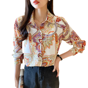 RM23216#秋季新款韩国宽松百搭法式设计感长袖气质印花衬衫