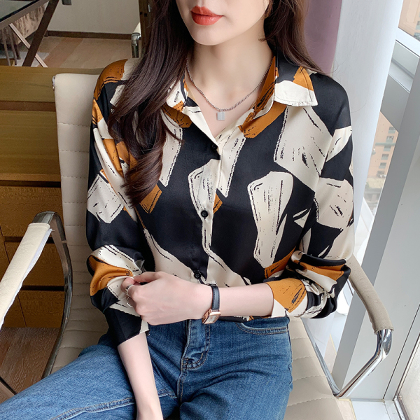 RM23217#秋季新款韩版法式复古设计感几何印花长袖港味百搭衬衫