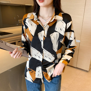RM23217#秋季新款韩版法式复古设计感几何印花长袖港味百搭衬衫