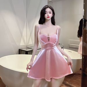 Strap elastic satin hollowed out open chest dress with large swing， nightclub pure desire high waist