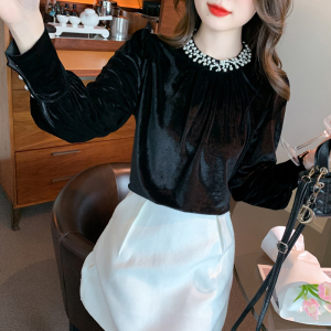 RM23603#新款金丝绒打底衫女洋气内搭长袖小衫珍珠长袖上衣