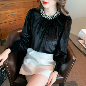 RM23603#新款金丝绒打底衫女洋气内搭长袖小衫珍珠长袖上衣