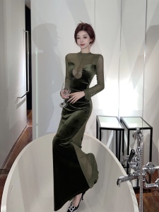 RM24799#新款欧美小众气质设计感拼接性感包臀长袖长款连衣裙