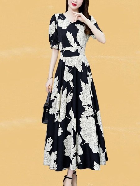RM23226#新款连衣裙女韩版V领气质系带修身显瘦印花雪纺收腰长裙