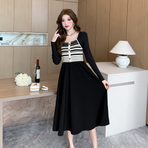 RM23705#时尚新款条纹针织拼接连衣裙小众设计感假两件