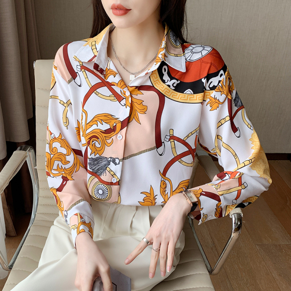 RM23213#秋季新款韩版气质设计感时尚减龄印花长袖衬衫
