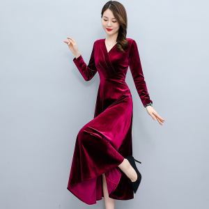 RM24599#长裙女2023新款高贵气质中长款打底金丝绒连衣裙