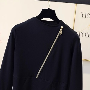 RM23197#斜拉链设计感秋冬长袖黑色打底衫t恤女2023新款小众内搭单穿上衣